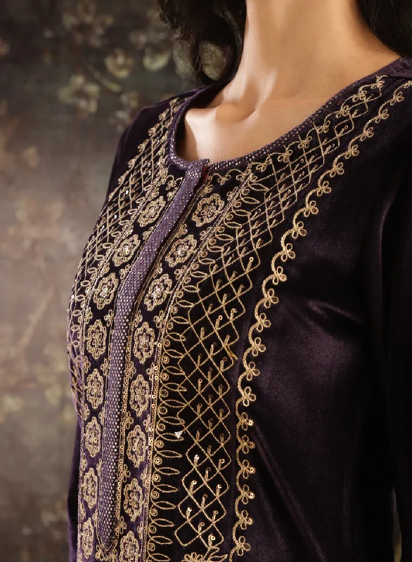 Purple Heavily Embroidered Party-wear Velvet Kurta