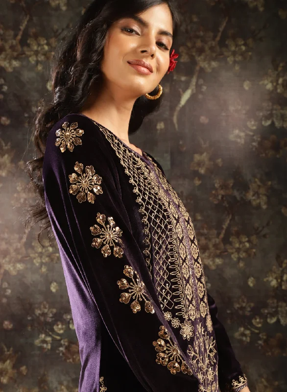 Purple Heavily Embroidered Party-wear Velvet Kurta