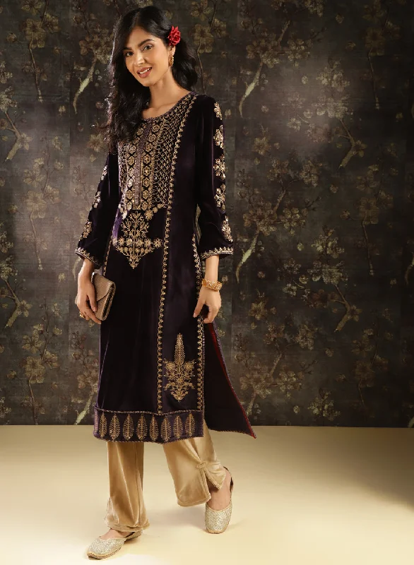 Purple Heavily Embroidered Party-wear Velvet Kurta