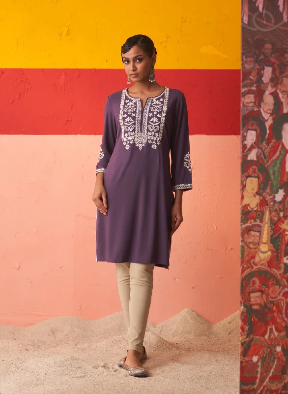 Purple Kurta for Women with Threadwork and Lace Detailing