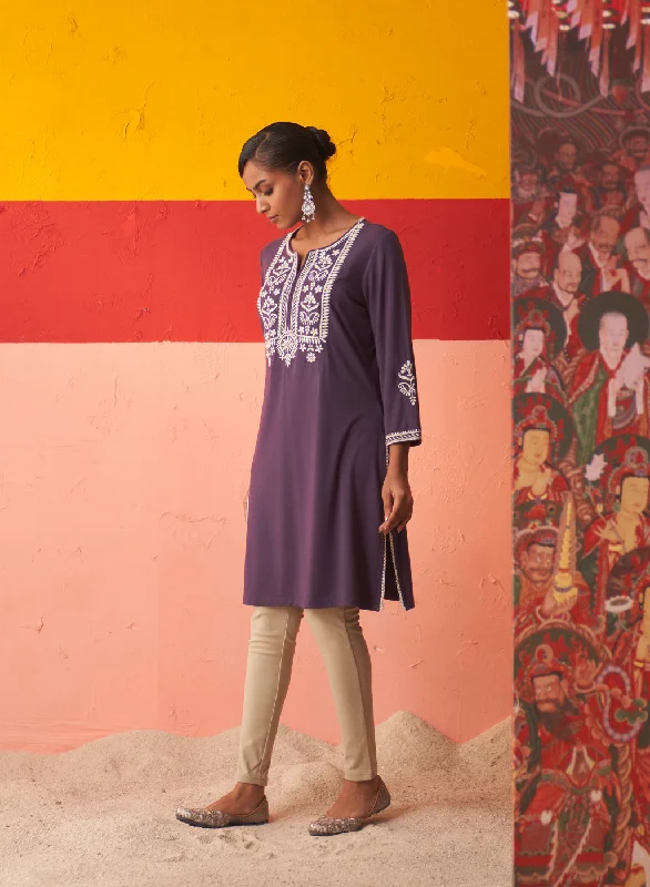 Purple Kurta for Women with Threadwork and Lace Detailing