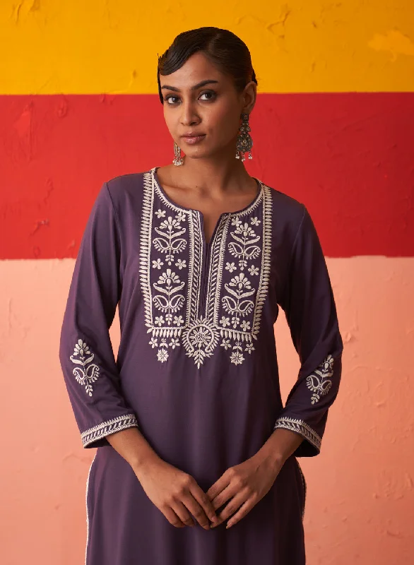 Purple Kurta for Women with Threadwork and Lace Detailing