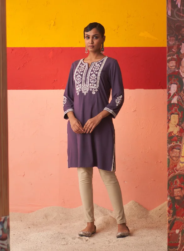 Purple Kurta for Women with Threadwork and Lace Detailing