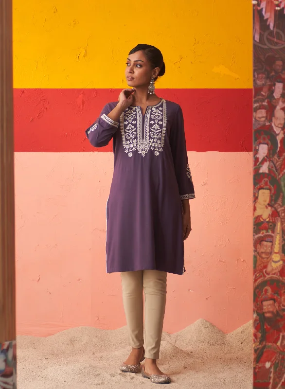 Purple Kurta for Women with Threadwork and Lace Detailing