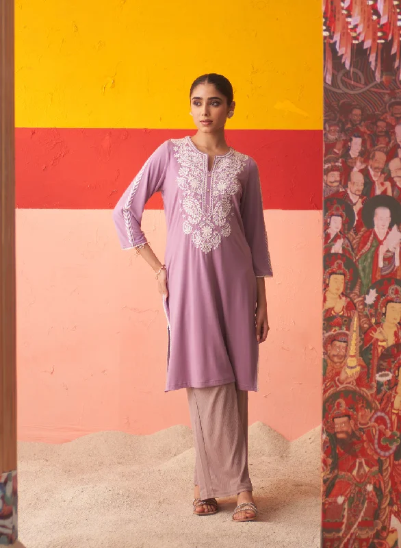 Purple Straight Kurta for Women with Threadwork