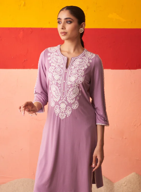 Purple Straight Kurta for Women with Threadwork