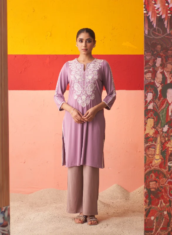 Purple Straight Kurta for Women with Threadwork