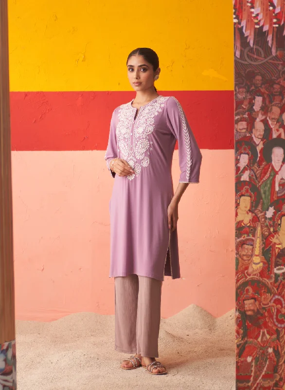 Purple Straight Kurta for Women with Threadwork