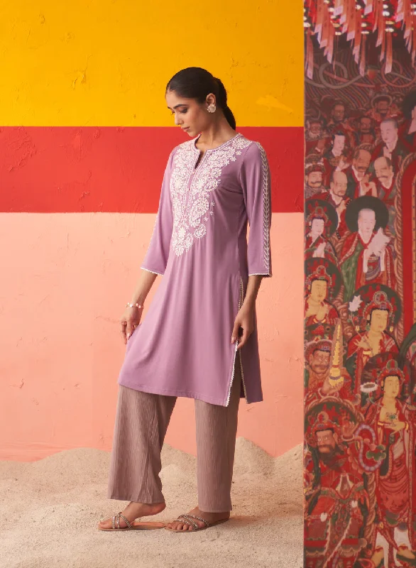 Purple Straight Kurta for Women with Threadwork