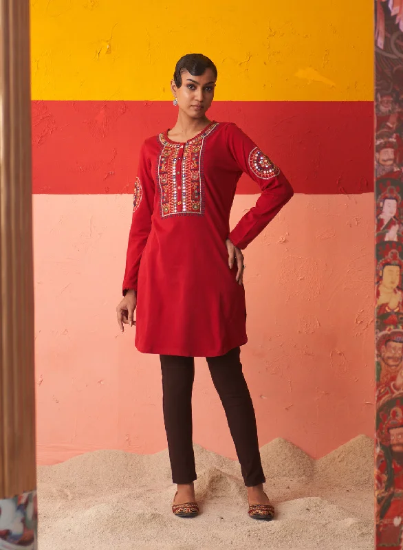 Red Embroidered Woollen Kurti for Women with Mirror Work