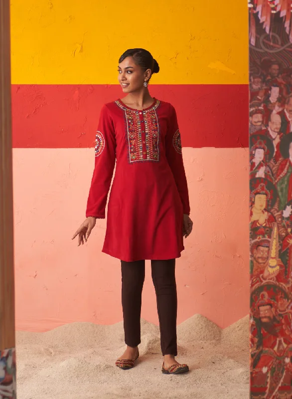 Red Embroidered Woollen Kurti for Women with Mirror Work