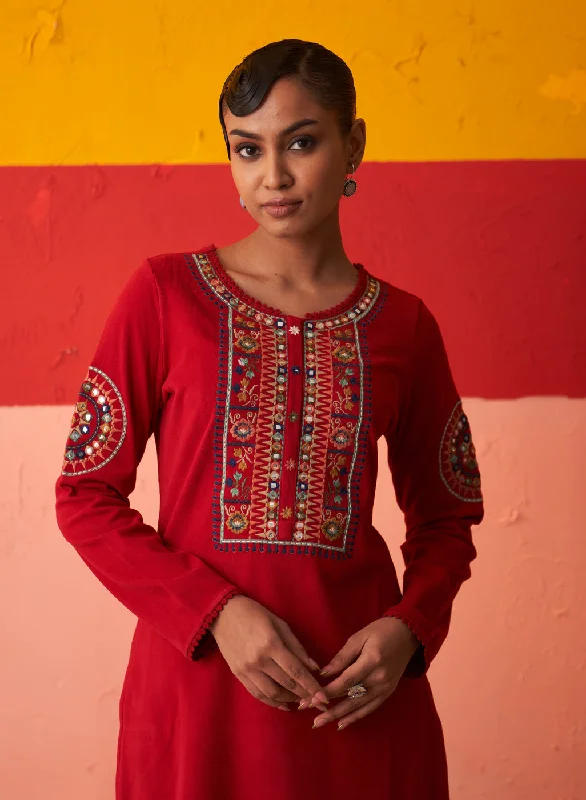 Red Embroidered Woollen Kurti for Women with Mirror Work