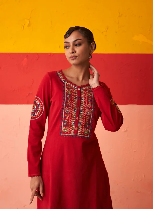 Red Embroidered Woollen Kurti for Women with Mirror Work