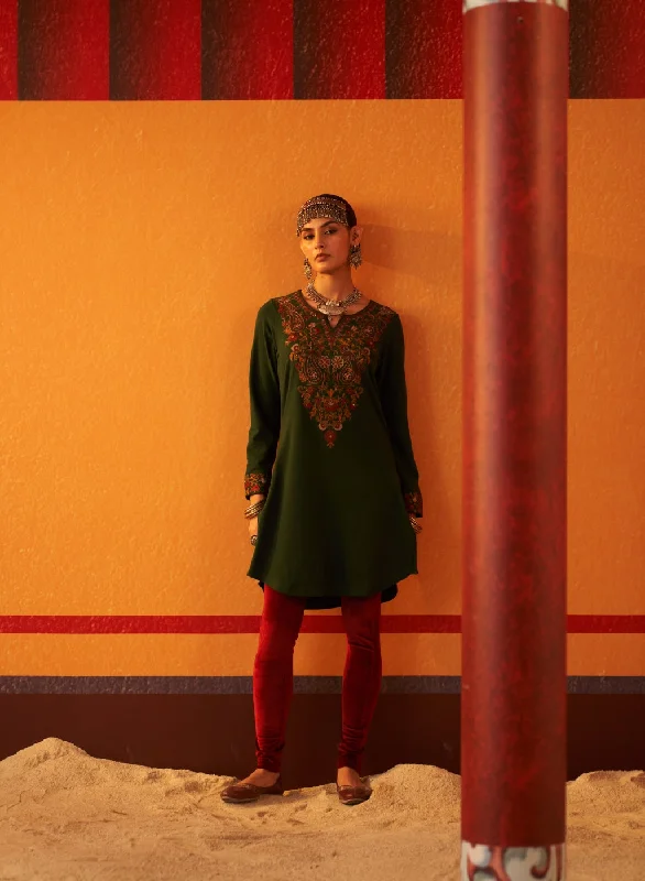 Sage Green Embroidered Woollen Kurti for Women