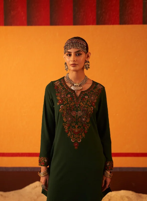 Sage Green Embroidered Woollen Kurti for Women