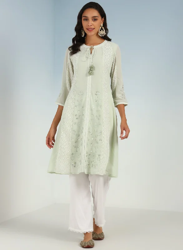 Tea Green Embroidered A-line Kurta for Women