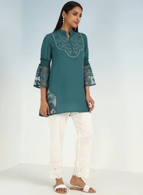 Teal Embroidered Tunic for Women with Lace Inserts