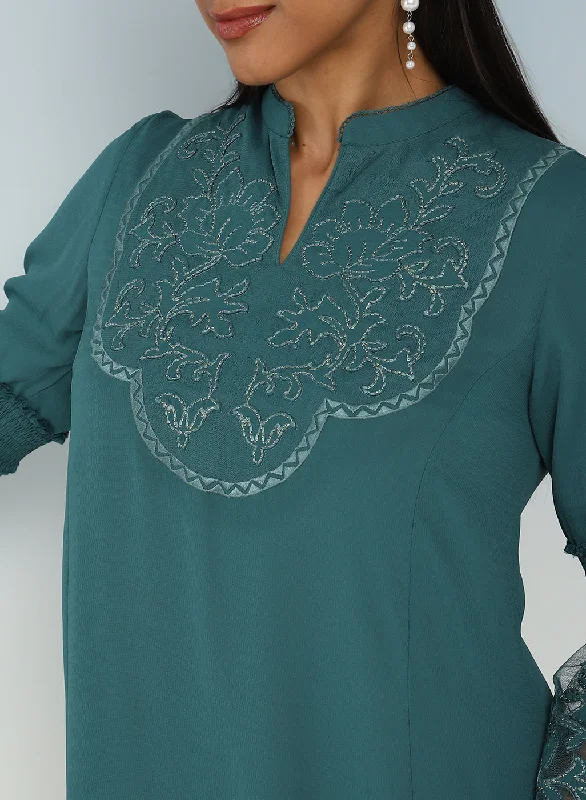 Teal Embroidered Tunic for Women with Lace Inserts