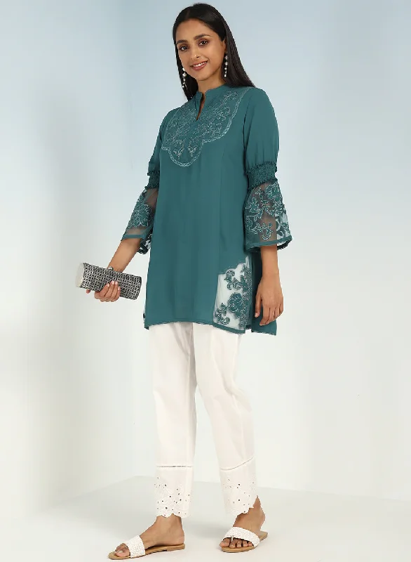 Teal Embroidered Tunic for Women with Lace Inserts