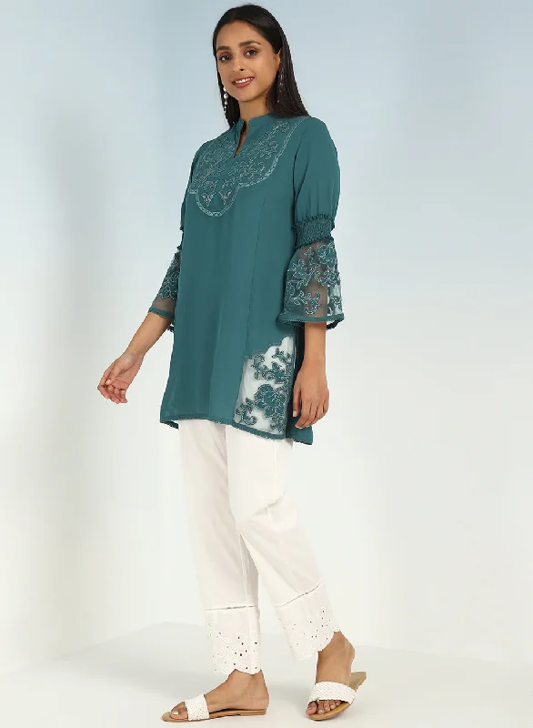 Teal Embroidered Tunic for Women with Lace Inserts