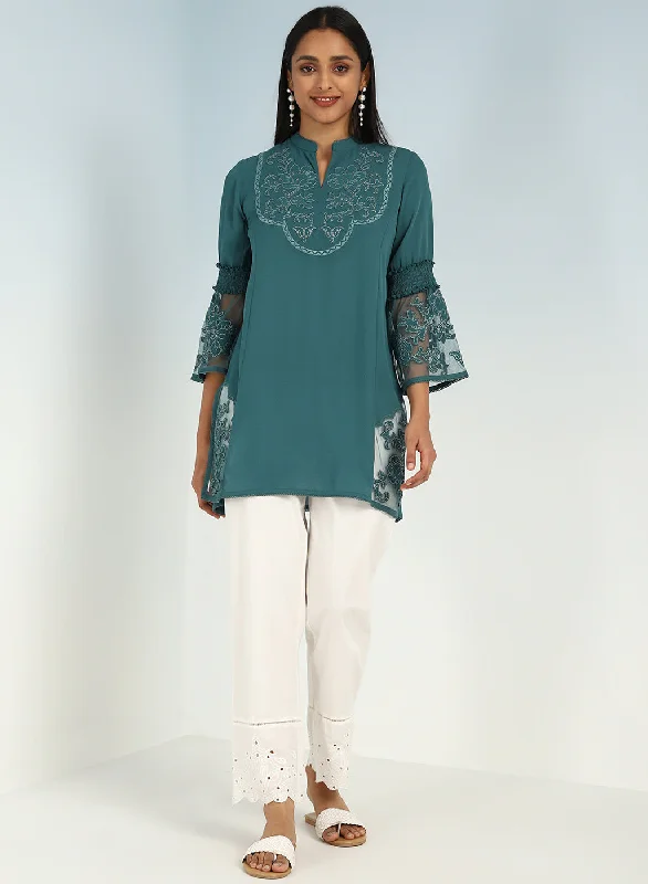 Teal Embroidered Tunic for Women with Lace Inserts