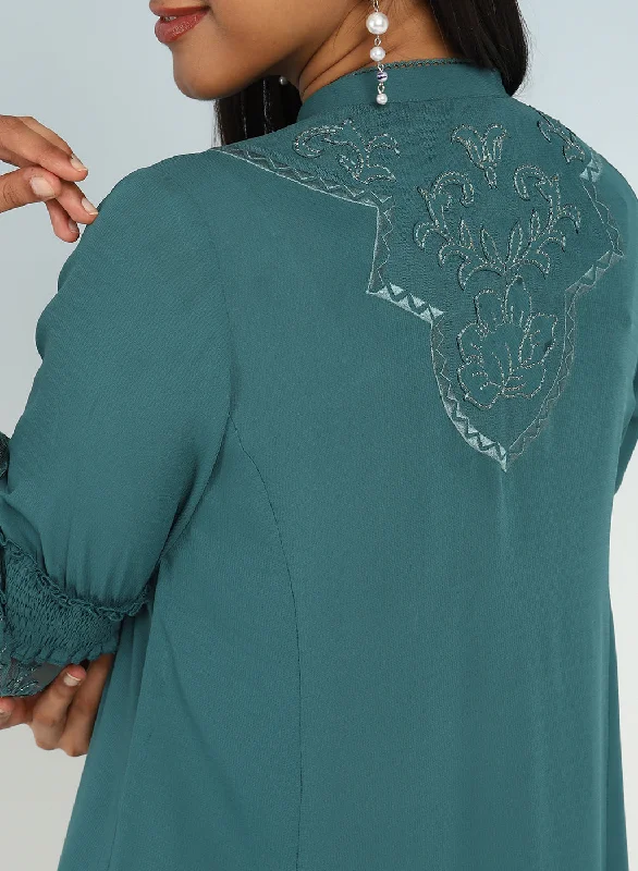 Teal Embroidered Tunic for Women with Lace Inserts