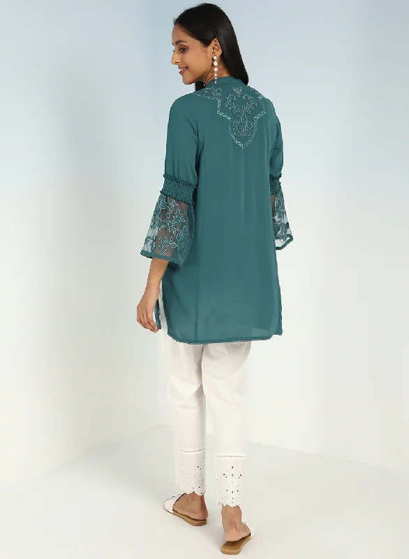 Teal Embroidered Tunic for Women with Lace Inserts