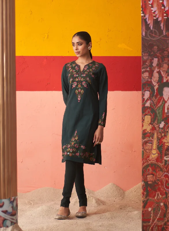 Teal Green Embroidered Woollen Kurti for Women