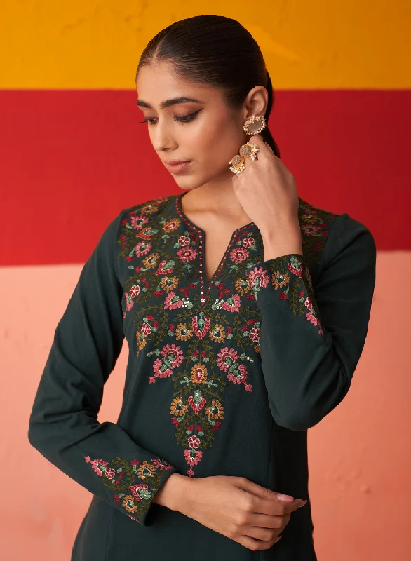 Teal Green Embroidered Woollen Kurti for Women