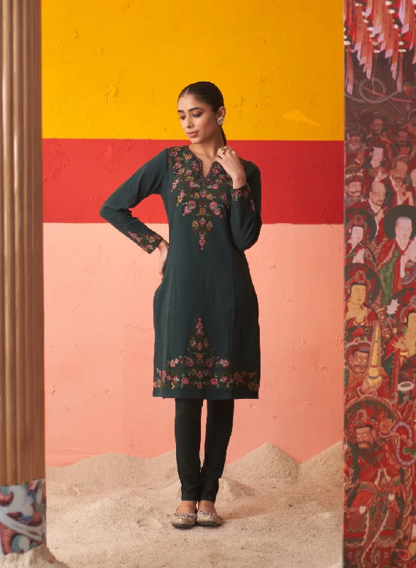 Teal Green Embroidered Woollen Kurti for Women