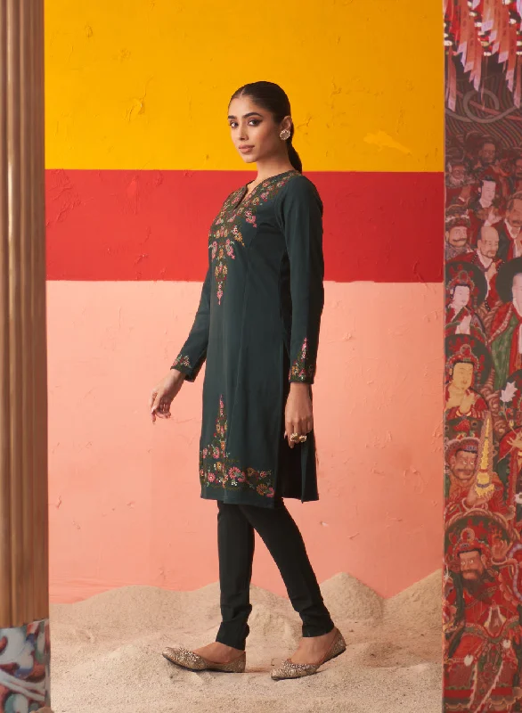 Teal Green Embroidered Woollen Kurti for Women