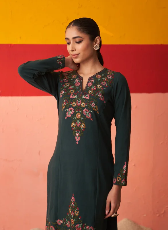 Teal Green Embroidered Woollen Kurti for Women