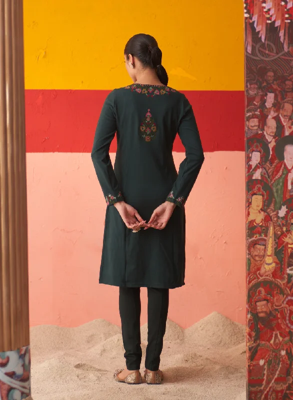 Teal Green Embroidered Woollen Kurti for Women