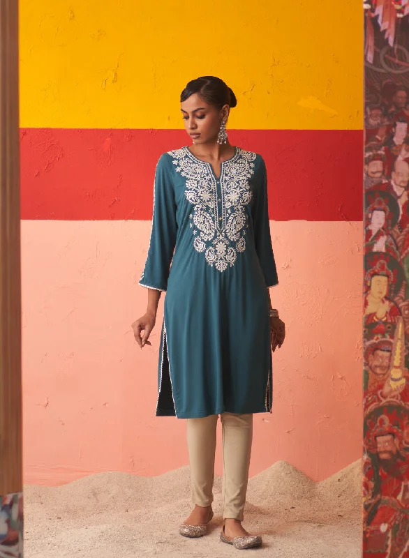 Teal Straight Kurta for Women with Threadwork