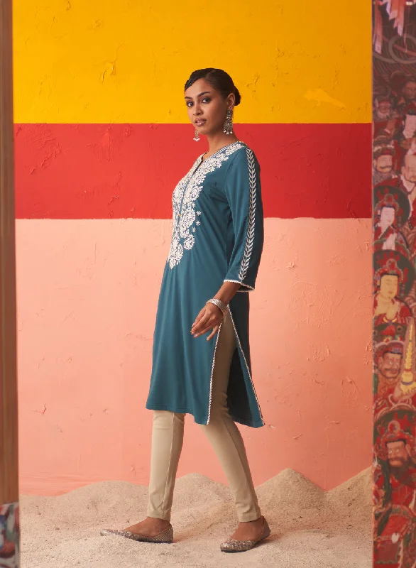 Teal Straight Kurta for Women with Threadwork