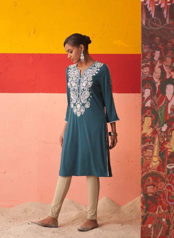 Teal Straight Kurta for Women with Threadwork