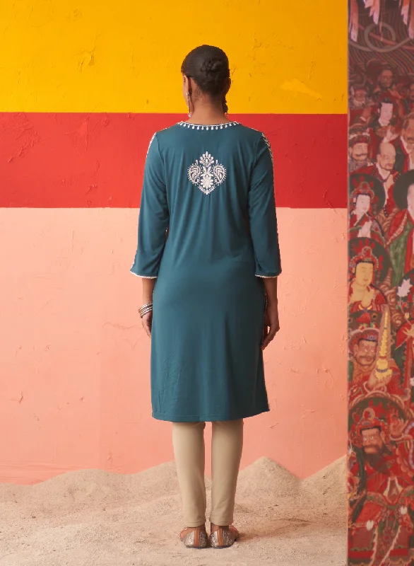 Teal Straight Kurta for Women with Threadwork