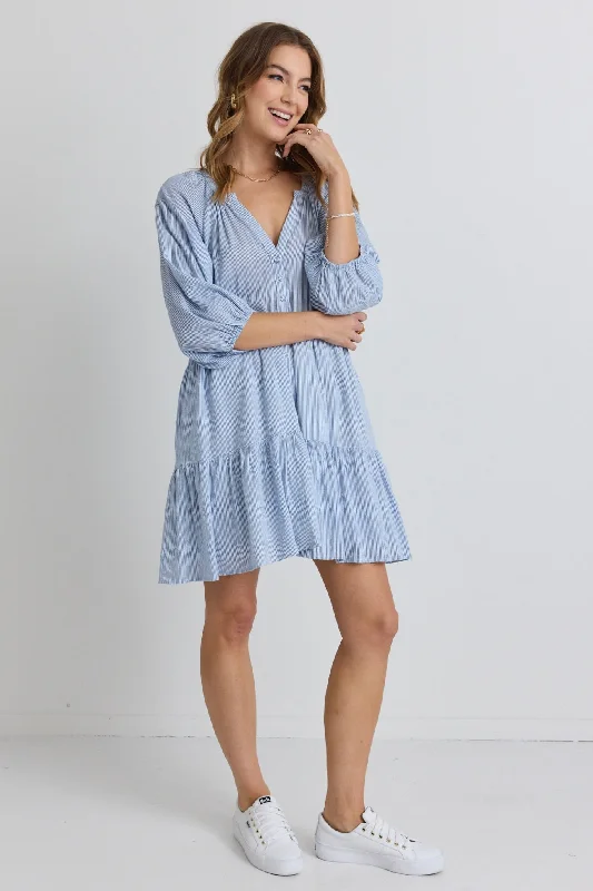 Aries Blue Stripe Balloon Sleeve Tiered Button Front Mini Dress