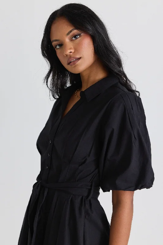 Dusk Black Puff Sleeve Collared Midi Dress