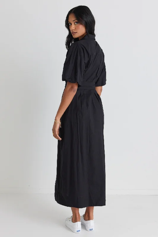 Dusk Black Puff Sleeve Collared Midi Dress