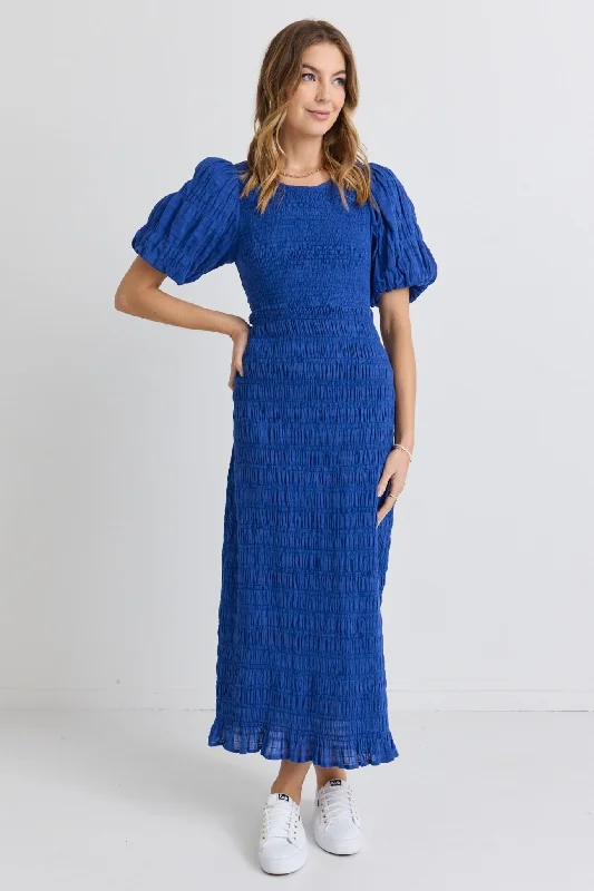 Jade Electric Blue Puff Sleeve Ruched Maxi Dress