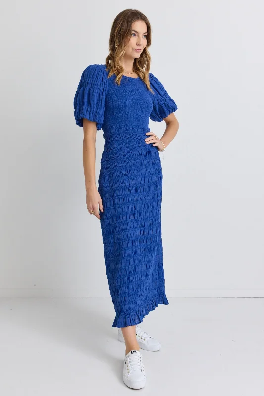 Jade Electric Blue Puff Sleeve Ruched Maxi Dress