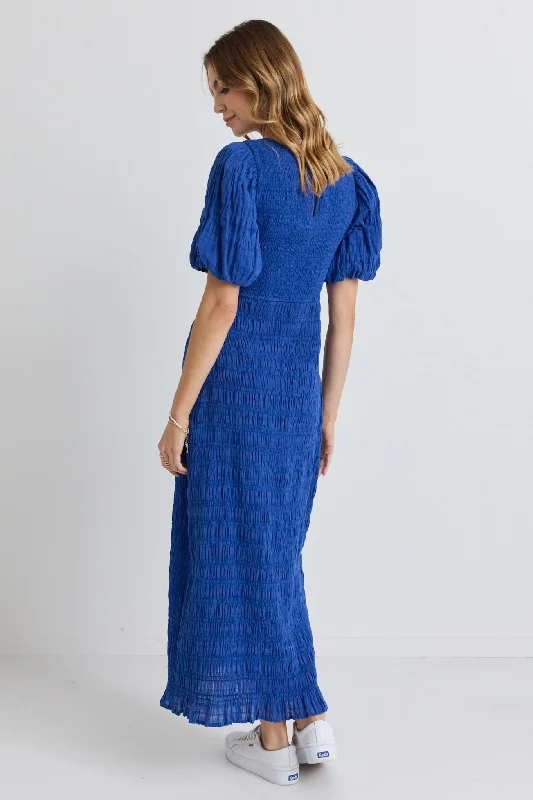 Jade Electric Blue Puff Sleeve Ruched Maxi Dress