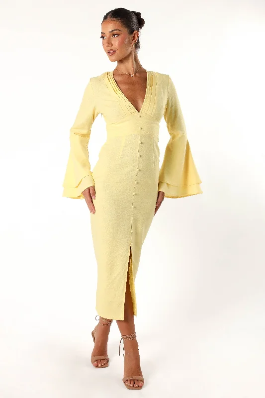 Vela Long Sleeve Midi Dress - Lemon