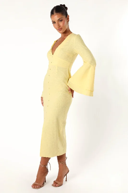 Vela Long Sleeve Midi Dress - Lemon