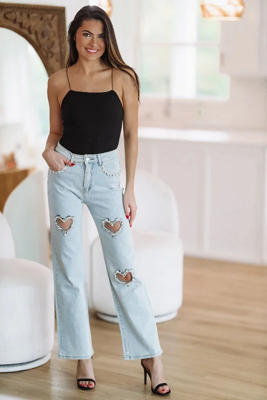 Heart Embellished Jeans - Light Wash