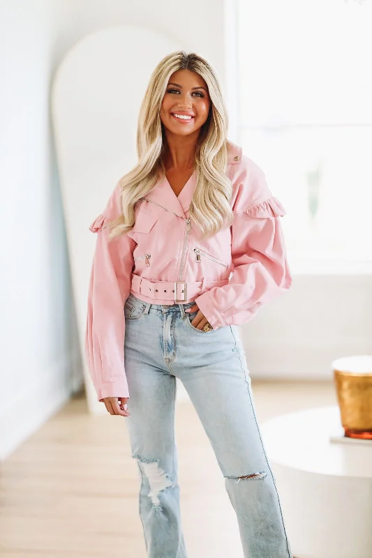 Ruffle Denim Jacket - Pink