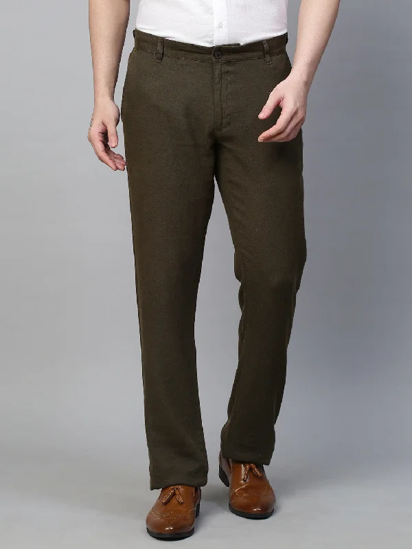 Men's Olive 100% Linen Regular Fit Pant