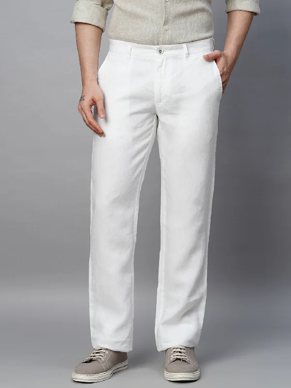 Men's White 100% Linen Regular Fit Pant