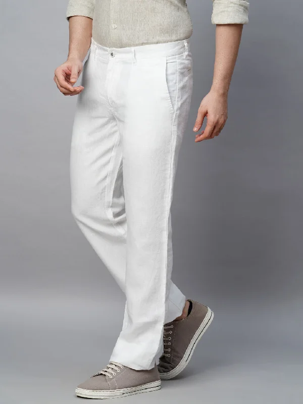 Men's White 100% Linen Regular Fit Pant